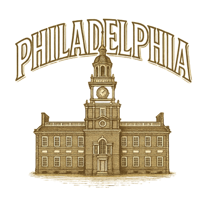 A typographic, nostalgic graphic of a typographic illustration of the words 'philadelphia' with a vintage line art drawing of independence hall – a t-shirt design