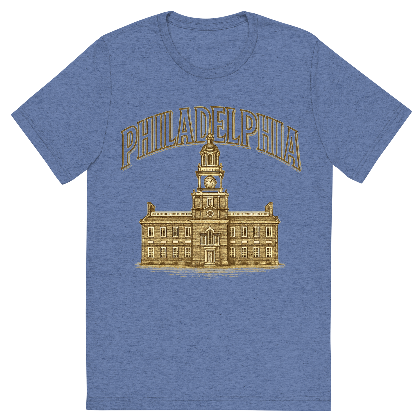 Front view of a Premium Tri-Blend Crew Neck T-Shirt in Blue showing 'A typographic, nostalgic graphic of a typographic illustration of the words 'philadelphia' with a vintage line art drawing of independence hall'