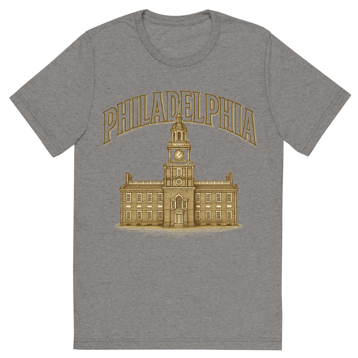 Front view of a Premium Tri-Blend Crew Neck T-Shirt in Grey showing 'A typographic, nostalgic graphic of a typographic illustration of the words 'philadelphia' with a vintage line art drawing of independence hall'