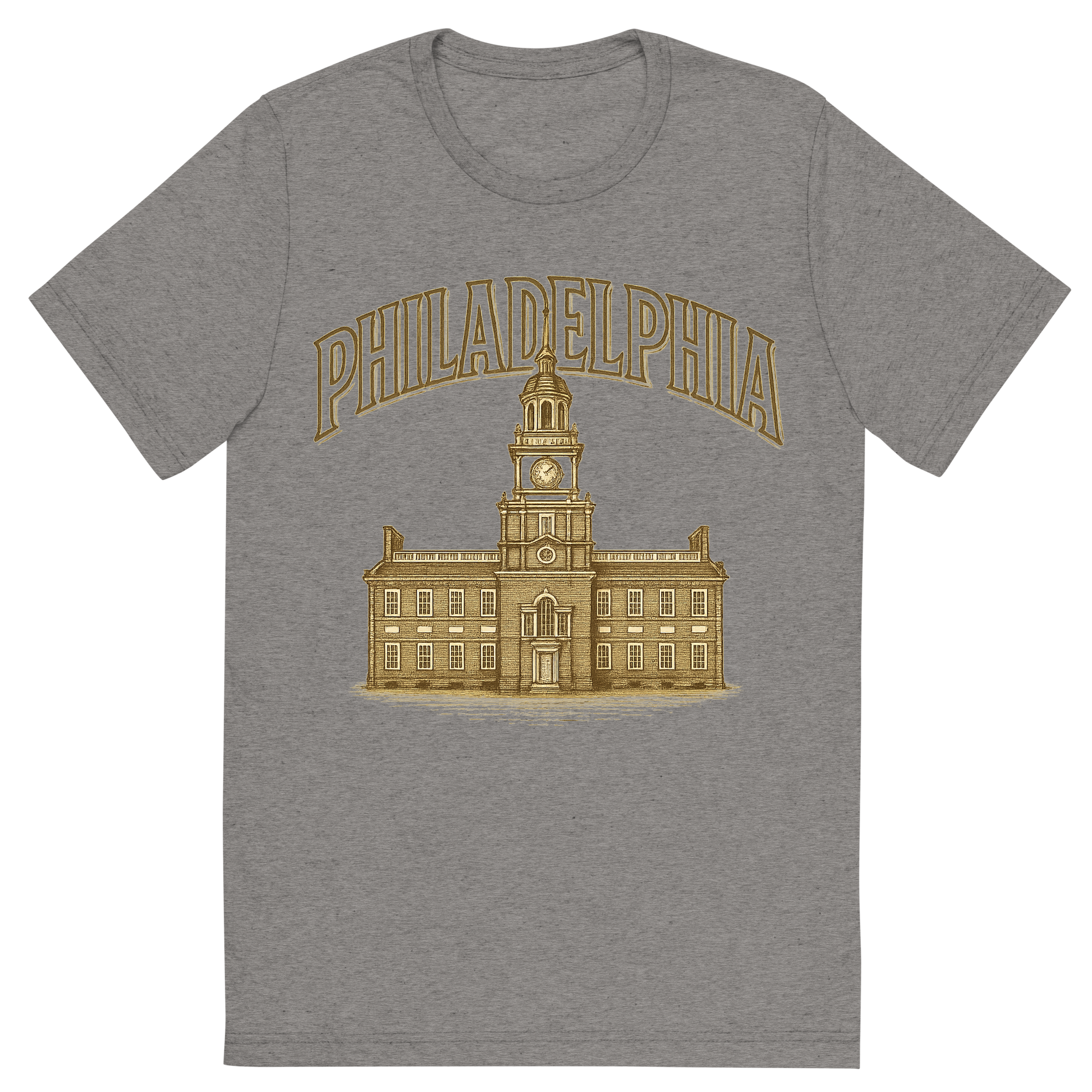 Front view of a Premium Tri-Blend Crew Neck T-Shirt in Grey showing 'A typographic, nostalgic graphic of a typographic illustration of the words 'philadelphia' with a vintage line art drawing of independence hall'