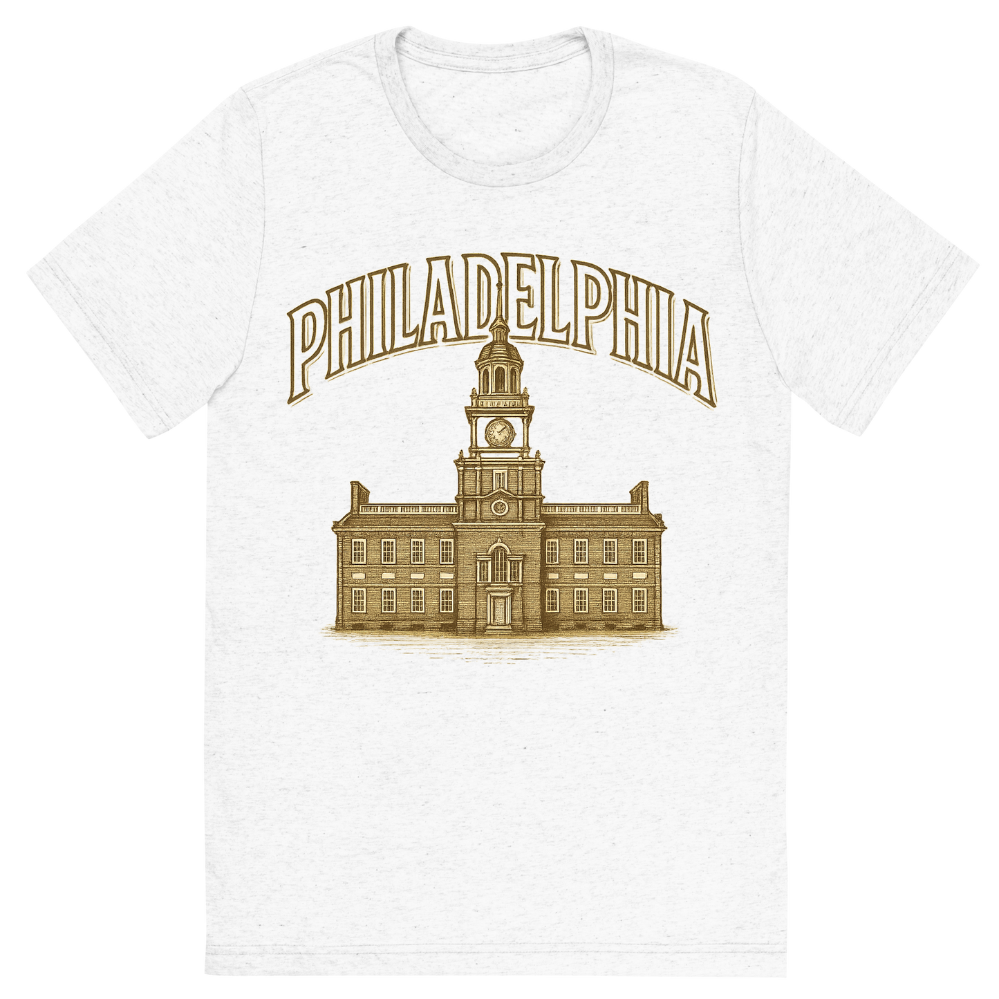 Front view of a Premium Tri-Blend Crew Neck T-Shirt in Solid White showing 'A typographic, nostalgic graphic of a typographic illustration of the words 'philadelphia' with a vintage line art drawing of independence hall'