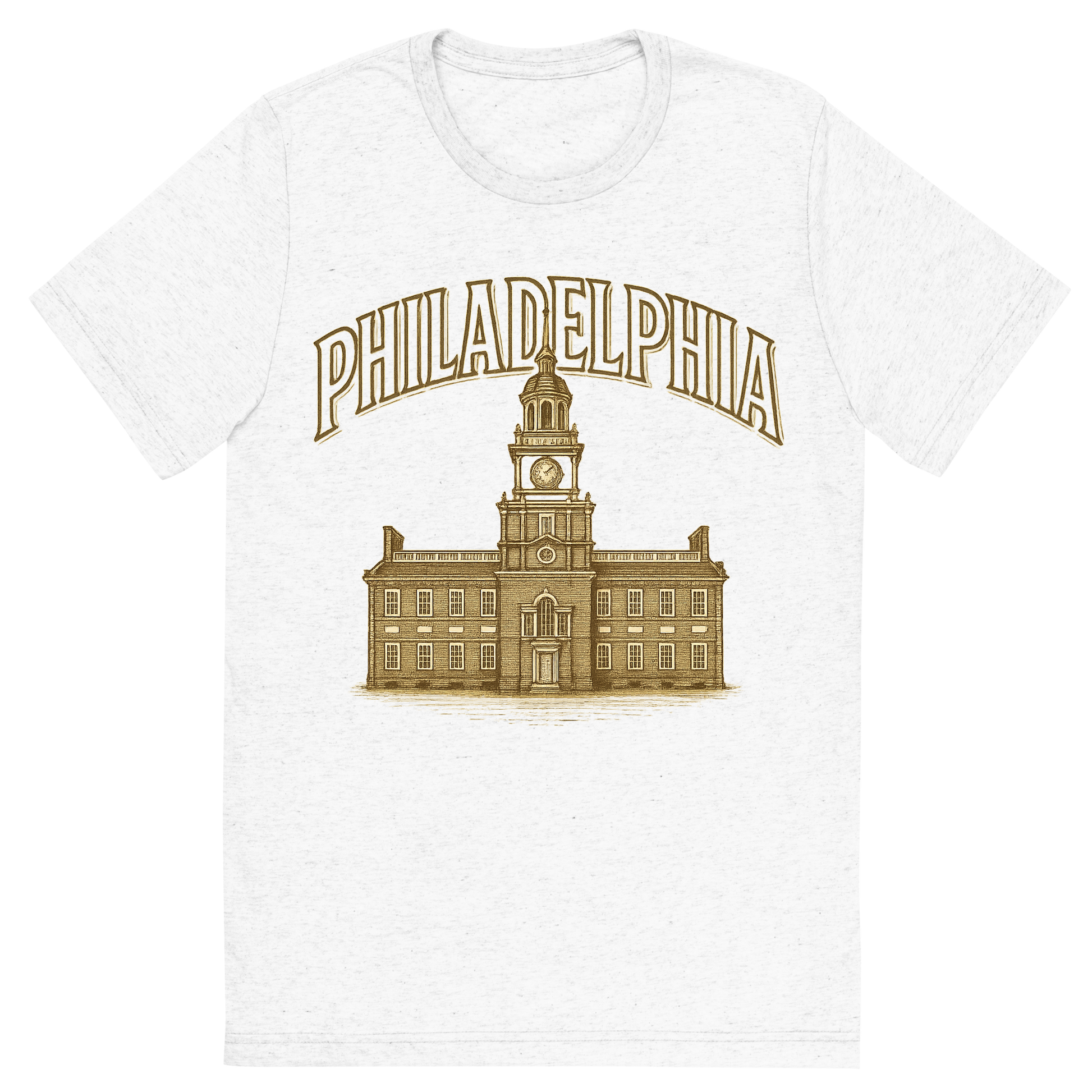 Front view of a Premium Tri-Blend Crew Neck T-Shirt in Solid White showing 'A typographic, nostalgic graphic of a typographic illustration of the words 'philadelphia' with a vintage line art drawing of independence hall'