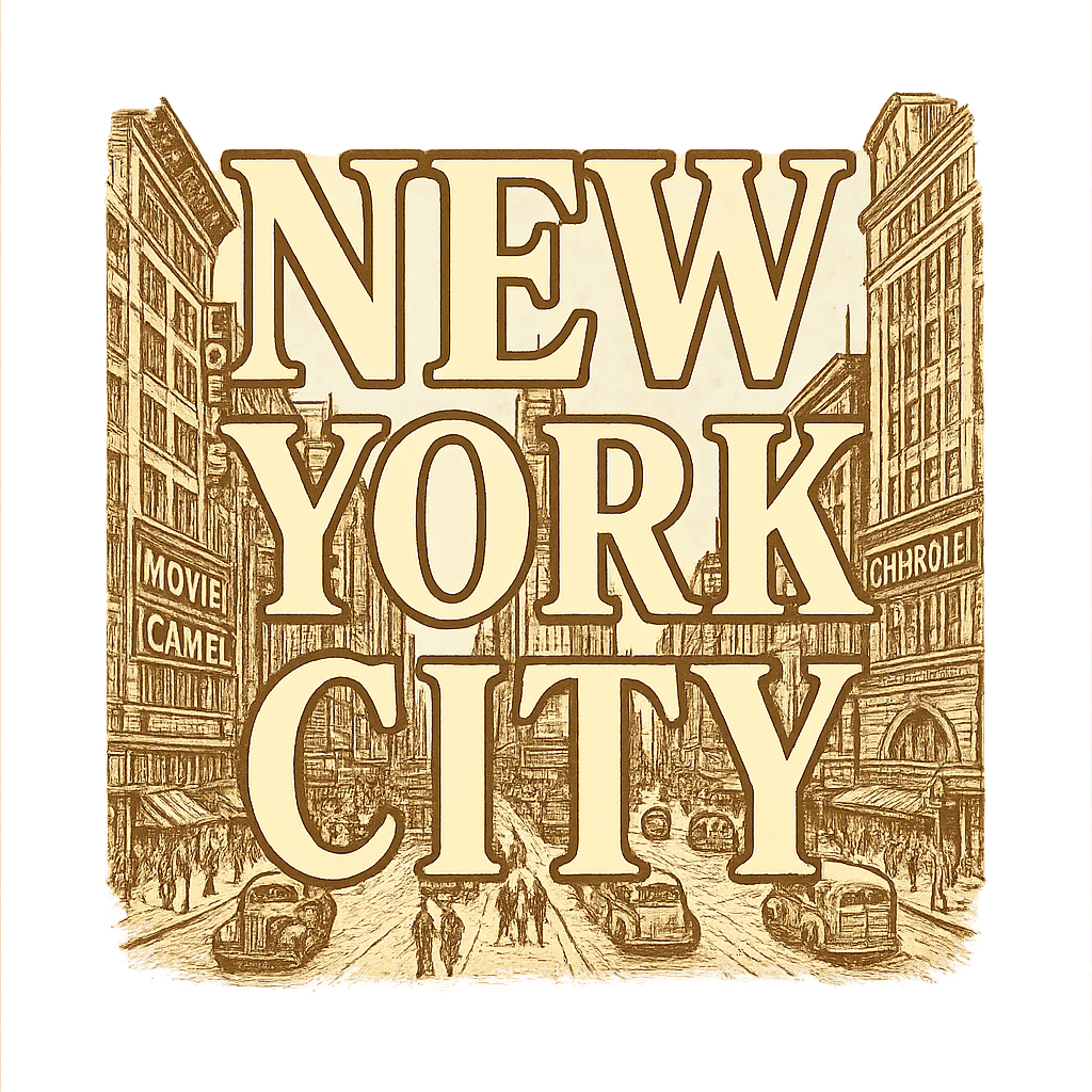 A typographic, nostalgic graphic of a typographic illustration of the words 'new york city' with a vintage line art drawing of times square – a t-shirt design