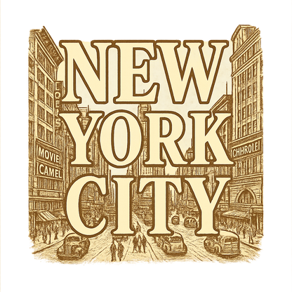 A typographic, nostalgic graphic of a typographic illustration of the words 'new york city' with a vintage line art drawing of times square – a t-shirt design