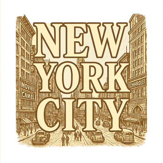 A typographic, nostalgic graphic of a typographic illustration of the words 'new york city' with a vintage line art drawing of times square – a t-shirt design