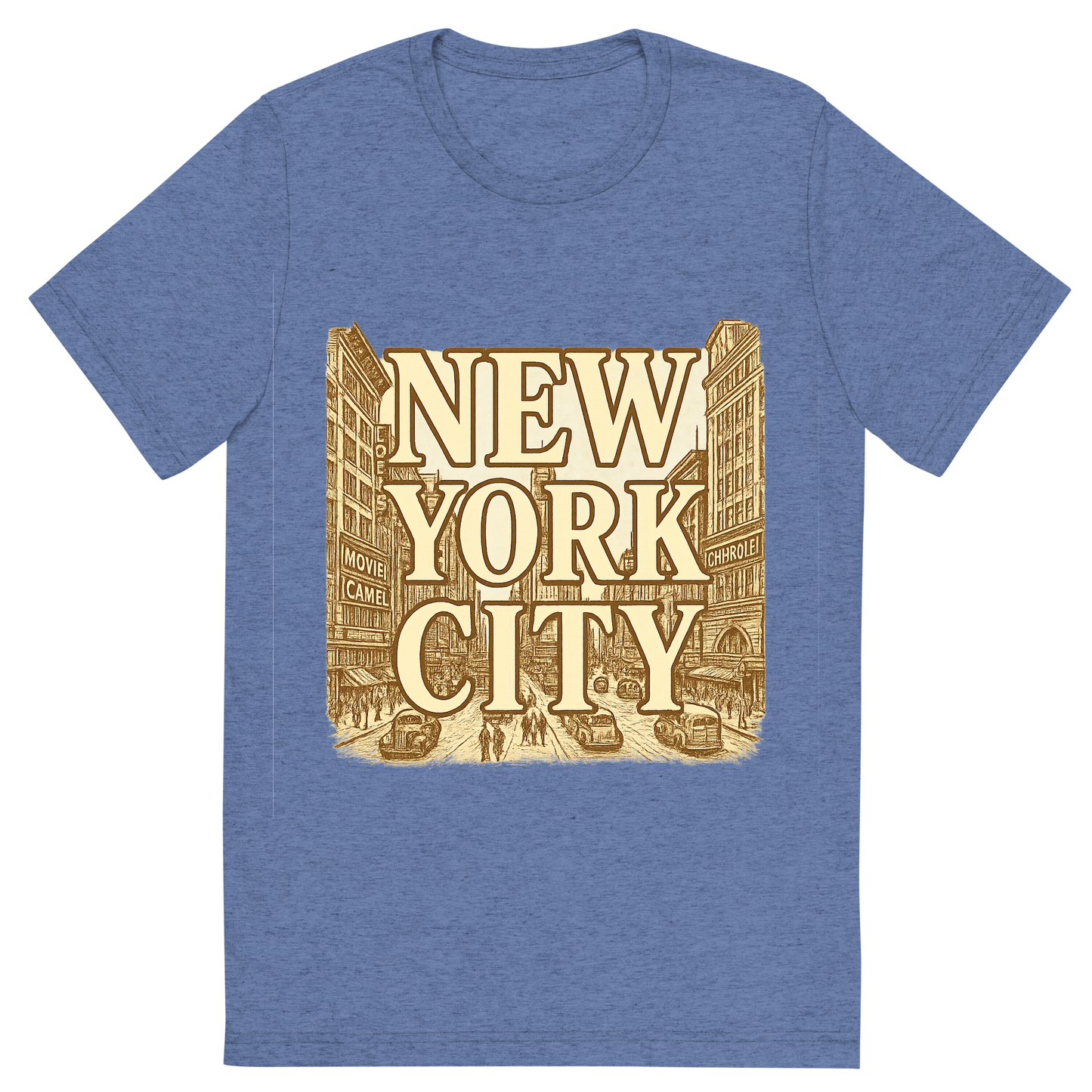 Front view of a Premium Tri-Blend Crew Neck T-Shirt in Blue showing 'A typographic, nostalgic graphic of a typographic illustration of the words 'new york city' with a vintage line art drawing of times square'