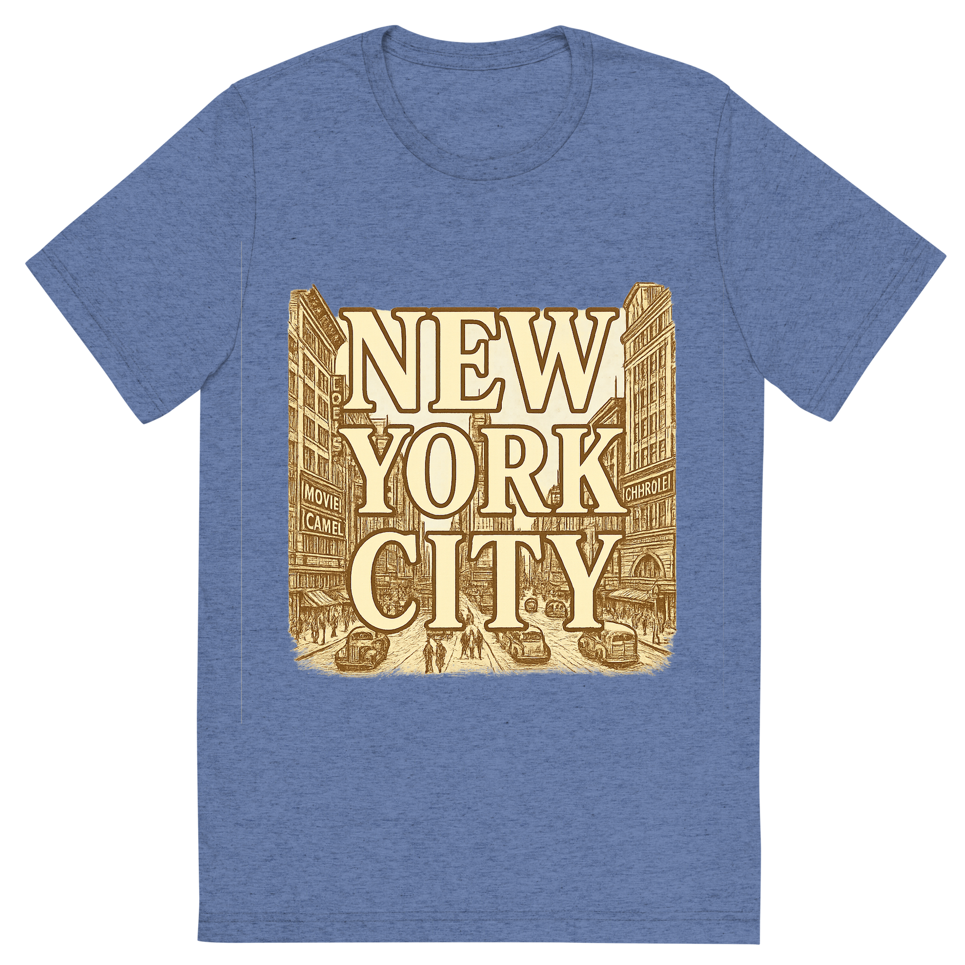Front view of a Premium Tri-Blend Crew Neck T-Shirt in Blue showing 'A typographic, nostalgic graphic of a typographic illustration of the words 'new york city' with a vintage line art drawing of times square'