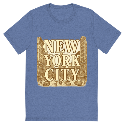 Front view of a Premium Tri-Blend Crew Neck T-Shirt in Blue showing 'A typographic, nostalgic graphic of a typographic illustration of the words 'new york city' with a vintage line art drawing of times square'