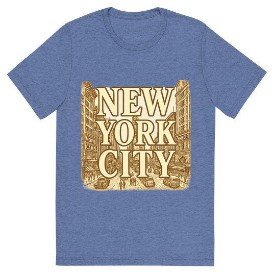 Front view of a Premium Tri-Blend Crew Neck T-Shirt in Blue showing 'A typographic, nostalgic graphic of a typographic illustration of the words 'new york city' with a vintage line art drawing of times square'