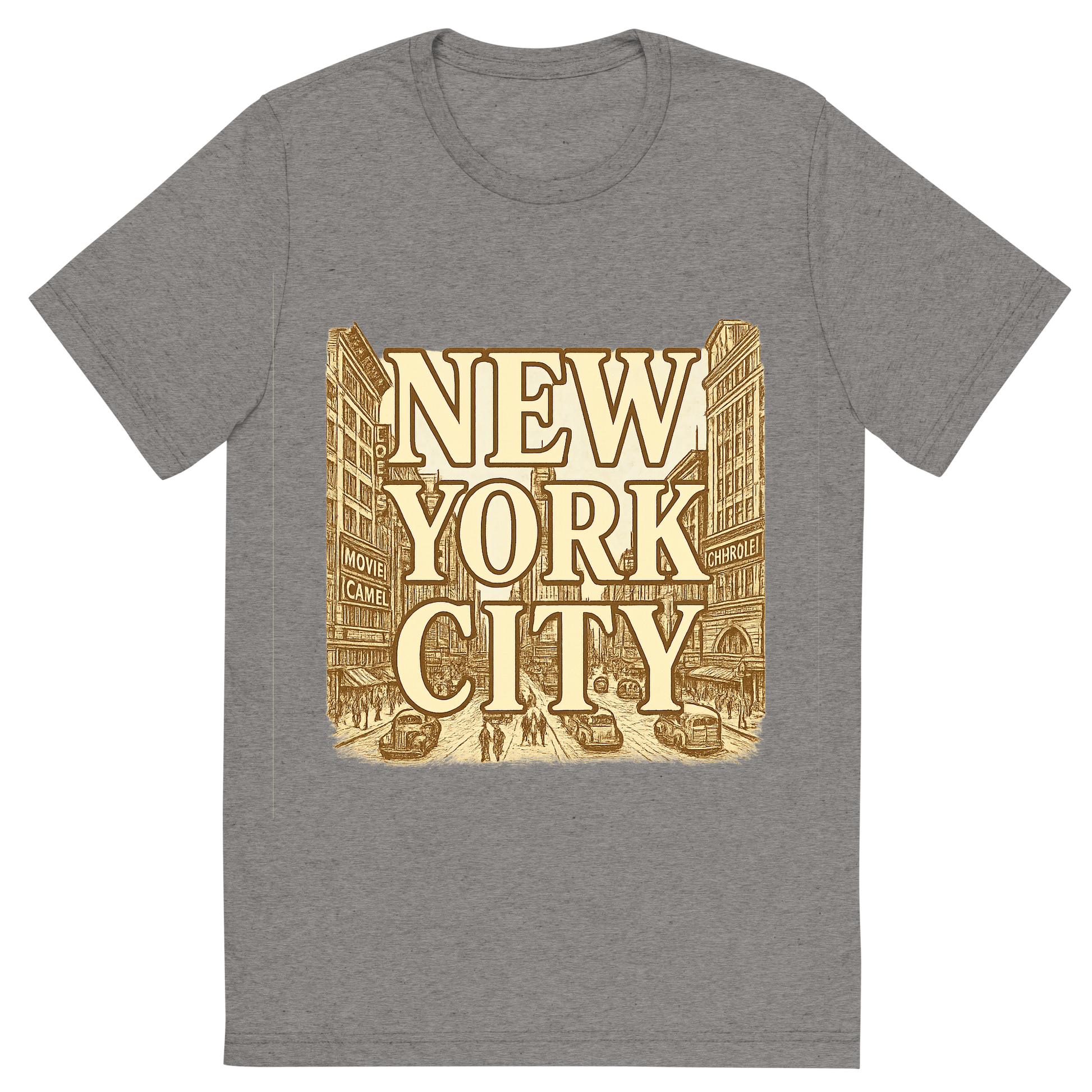 Front view of a Premium Tri-Blend Crew Neck T-Shirt in Grey showing 'A typographic, nostalgic graphic of a typographic illustration of the words 'new york city' with a vintage line art drawing of times square'
