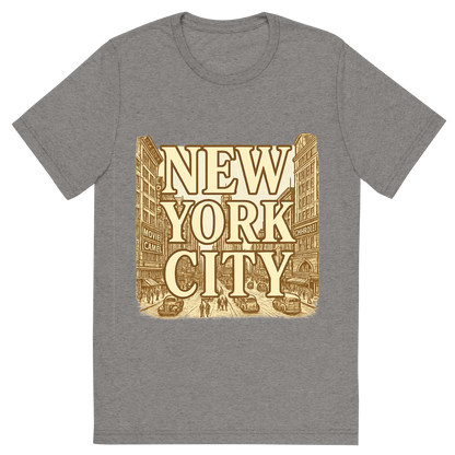 Front view of a Premium Tri-Blend Crew Neck T-Shirt in Grey showing 'A typographic, nostalgic graphic of a typographic illustration of the words 'new york city' with a vintage line art drawing of times square'