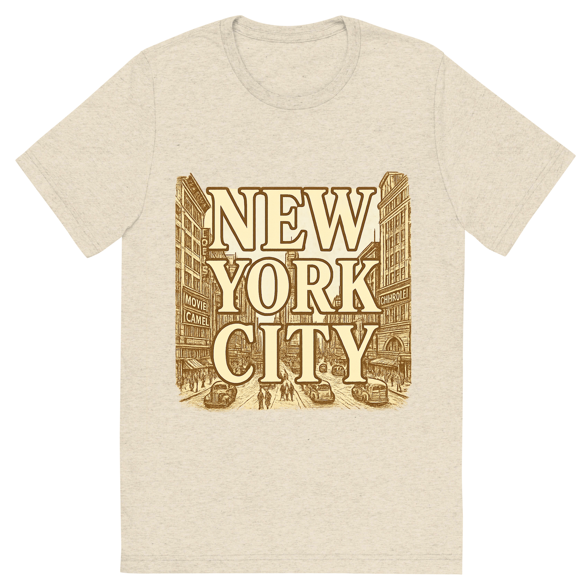 Front view of a Premium Tri-Blend Crew Neck T-Shirt in Oatmeal showing 'A typographic, nostalgic graphic of a typographic illustration of the words 'new york city' with a vintage line art drawing of times square'