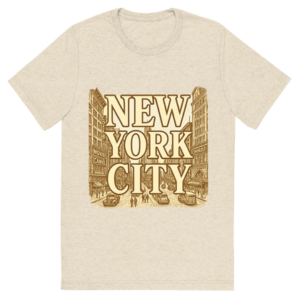Front view of a Premium Tri-Blend Crew Neck T-Shirt in Oatmeal showing 'A typographic, nostalgic graphic of a typographic illustration of the words 'new york city' with a vintage line art drawing of times square'