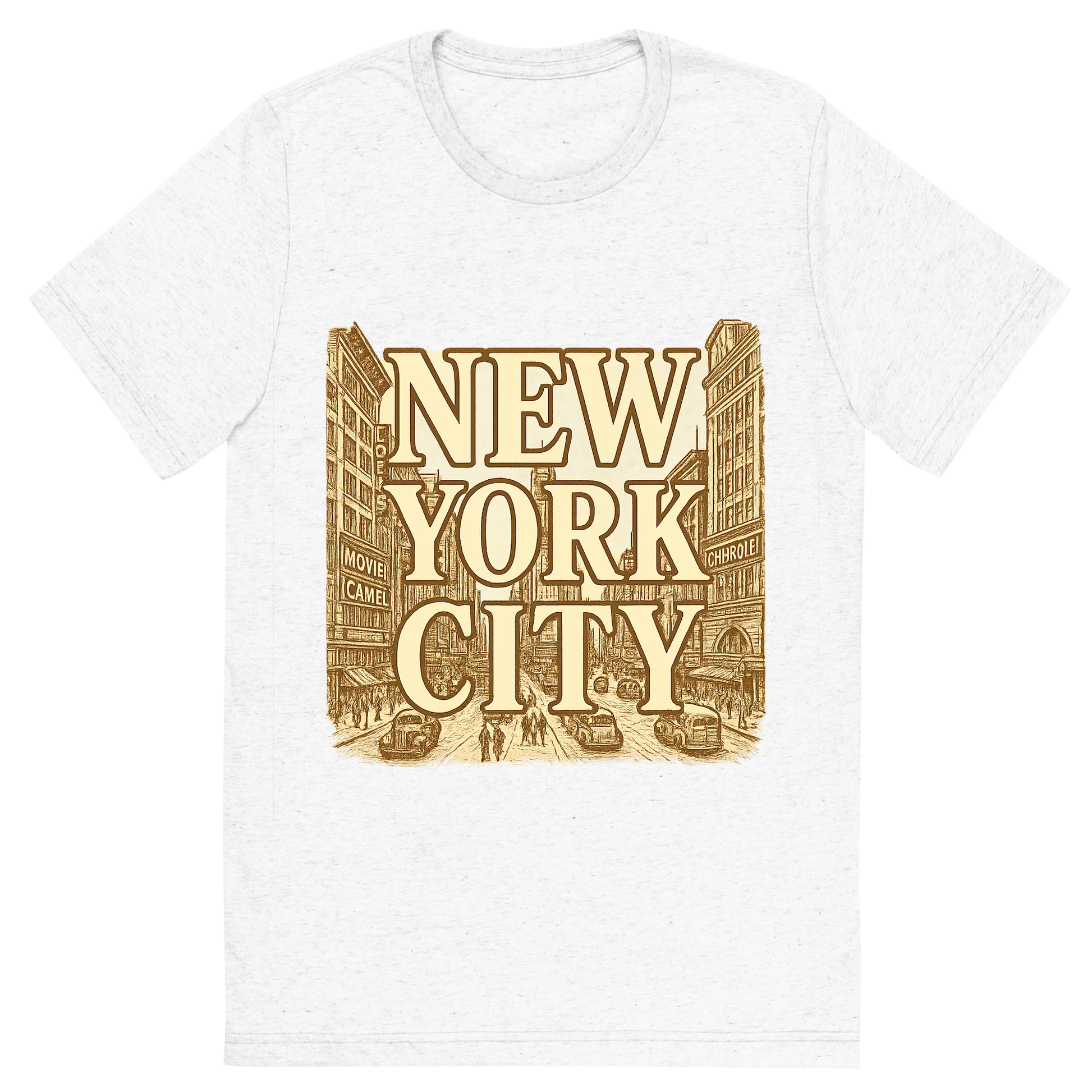 Front view of a Premium Tri-Blend Crew Neck T-Shirt in Solid White showing 'A typographic, nostalgic graphic of a typographic illustration of the words 'new york city' with a vintage line art drawing of times square'