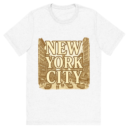 Front view of a Premium Tri-Blend Crew Neck T-Shirt in Solid White showing 'A typographic, nostalgic graphic of a typographic illustration of the words 'new york city' with a vintage line art drawing of times square'