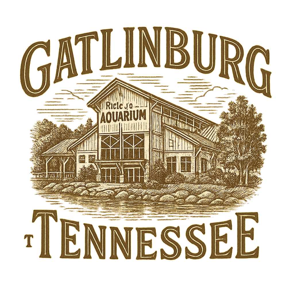 A typographic, nostalgic graphic of a typographic illustration of the words 'gatlinburg, tennessee' with a vintage line art drawing of ripley’s aquarium – a t-shirt design