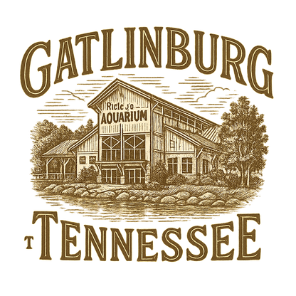 A typographic, nostalgic graphic of a typographic illustration of the words 'gatlinburg, tennessee' with a vintage line art drawing of ripley’s aquarium – a t-shirt design
