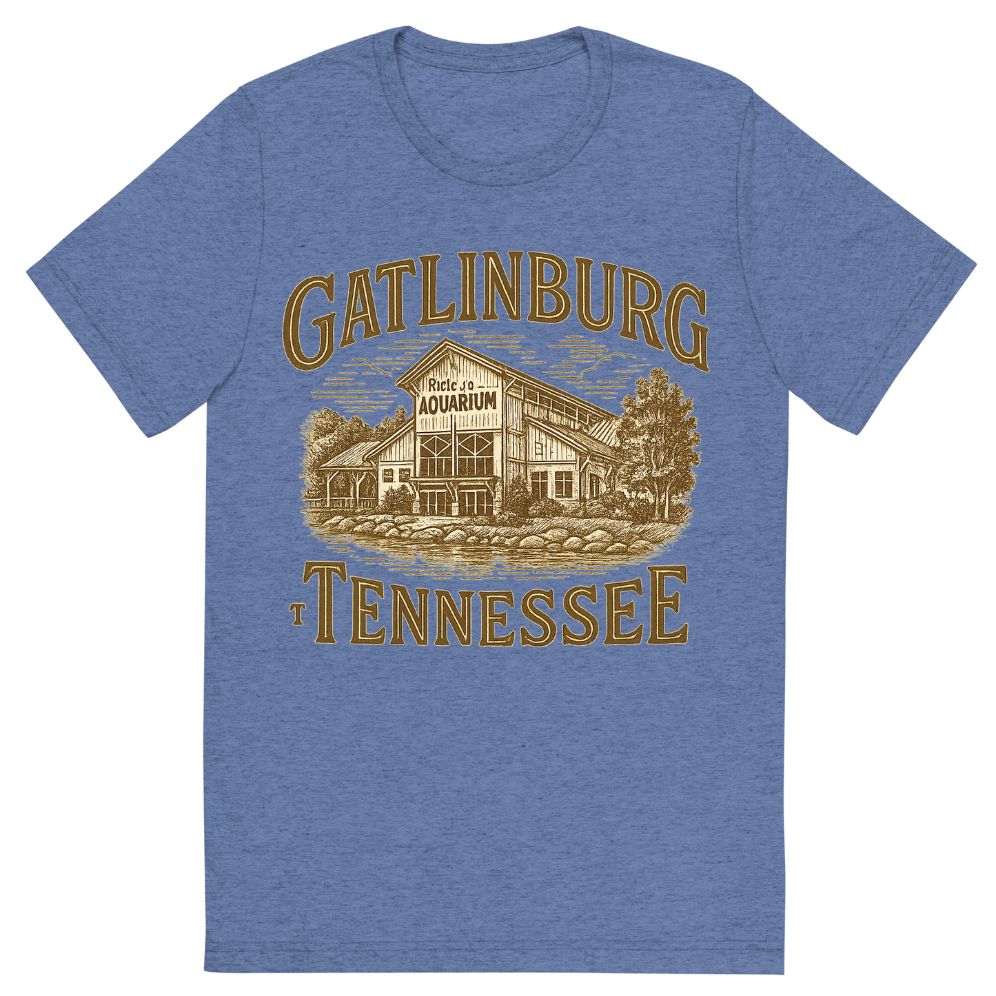 Front view of a Premium Tri-Blend Crew Neck T-Shirt in Blue showing 'A typographic, nostalgic graphic of a typographic illustration of the words 'gatlinburg, tennessee' with a vintage line art drawing of ripley’s aquarium'