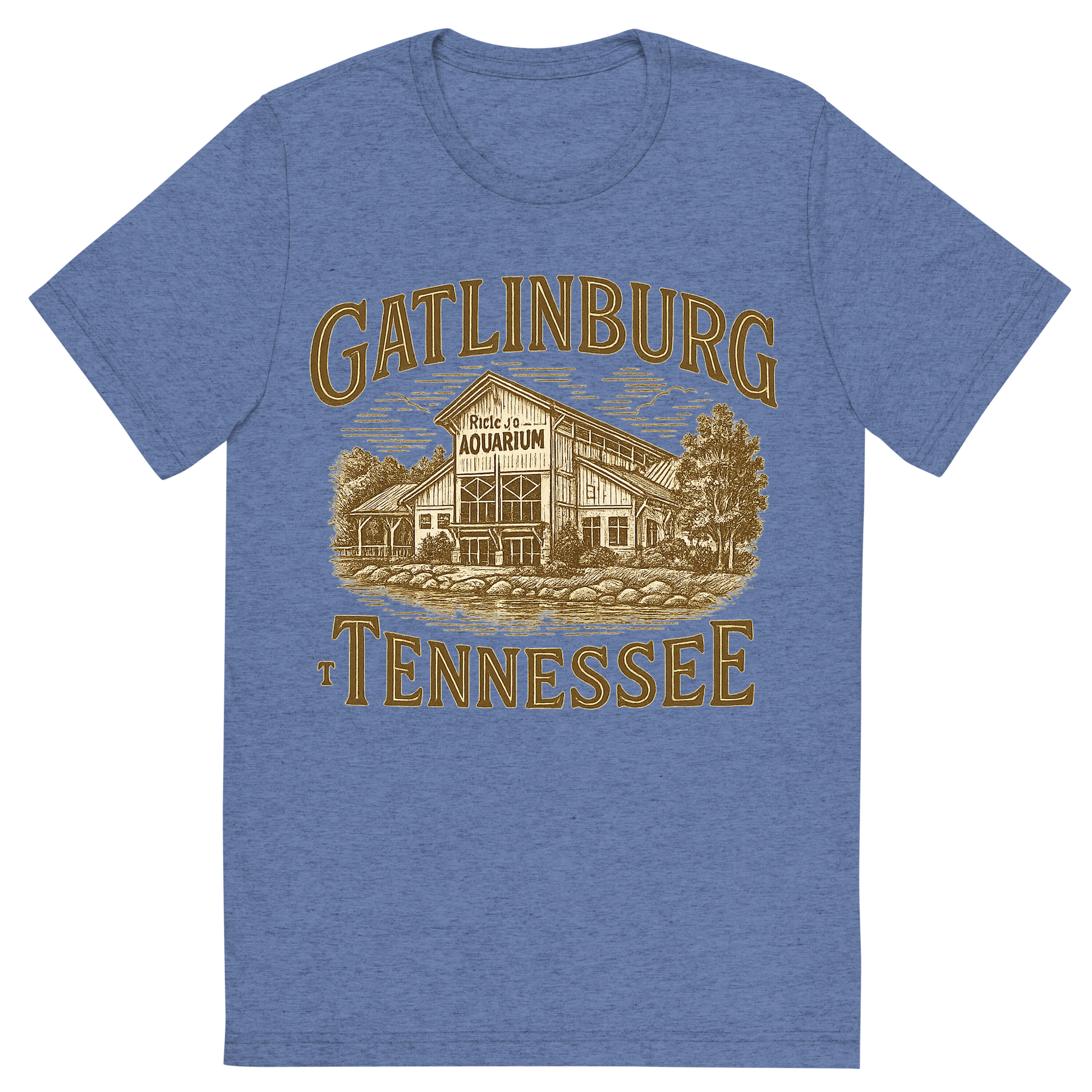Front view of a Premium Tri-Blend Crew Neck T-Shirt in Blue showing 'A typographic, nostalgic graphic of a typographic illustration of the words 'gatlinburg, tennessee' with a vintage line art drawing of ripley’s aquarium'