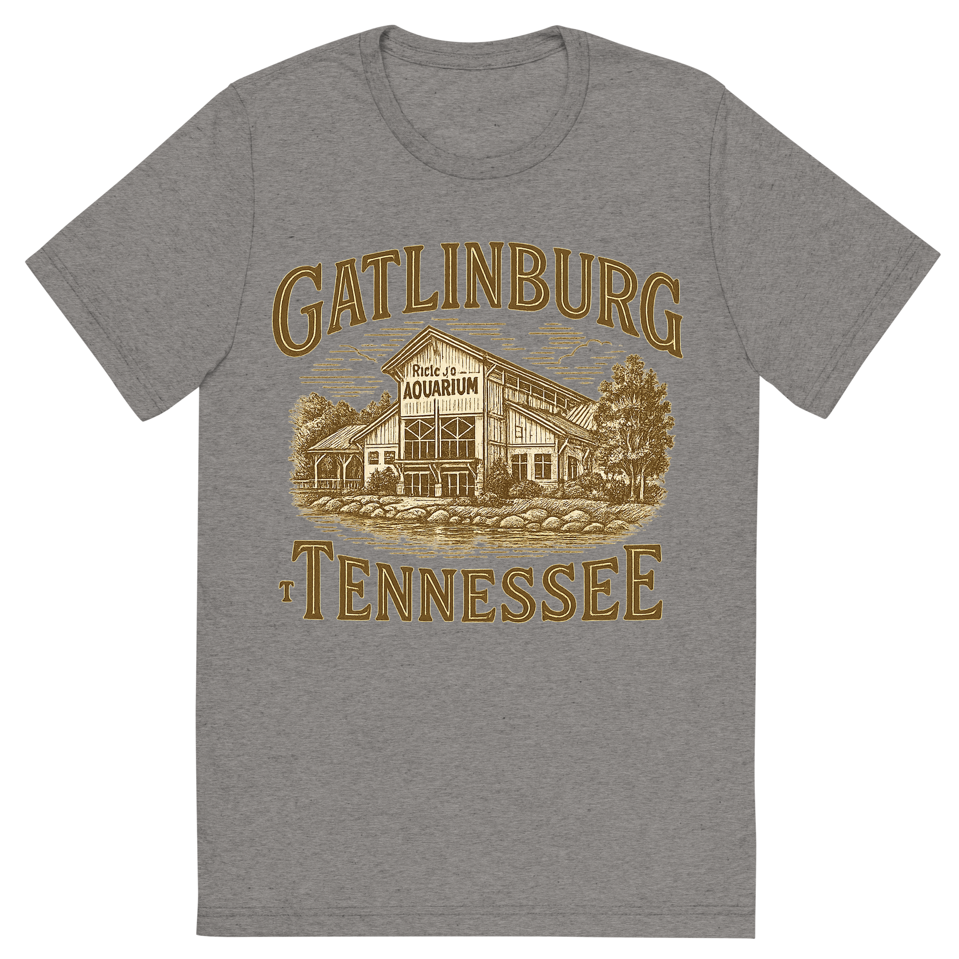 Front view of a Premium Tri-Blend Crew Neck T-Shirt in Grey showing 'A typographic, nostalgic graphic of a typographic illustration of the words 'gatlinburg, tennessee' with a vintage line art drawing of ripley’s aquarium'