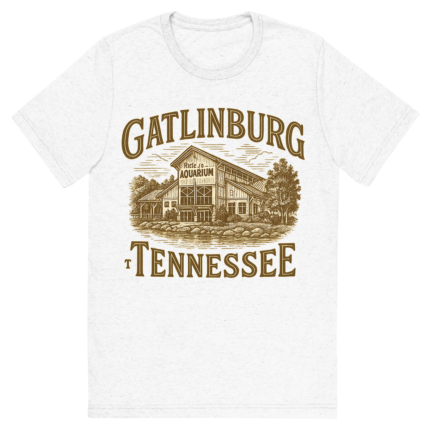 Front view of a Premium Tri-Blend Crew Neck T-Shirt in Solid White showing 'A typographic, nostalgic graphic of a typographic illustration of the words 'gatlinburg, tennessee' with a vintage line art drawing of ripley’s aquarium'