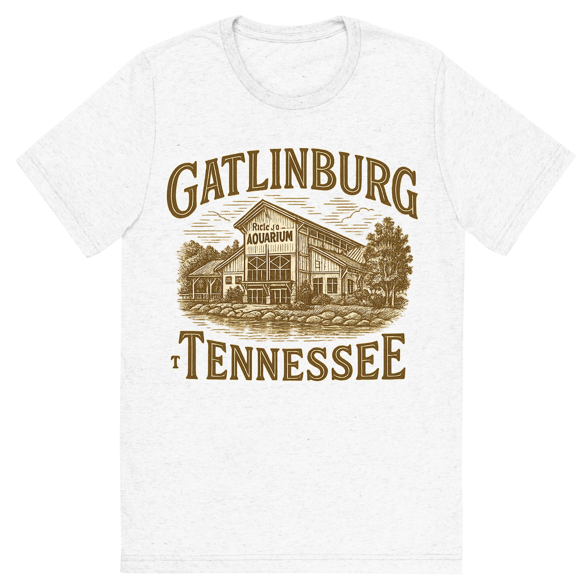 Front view of a Premium Tri-Blend Crew Neck T-Shirt in Solid White showing 'A typographic, nostalgic graphic of a typographic illustration of the words 'gatlinburg, tennessee' with a vintage line art drawing of ripley’s aquarium'