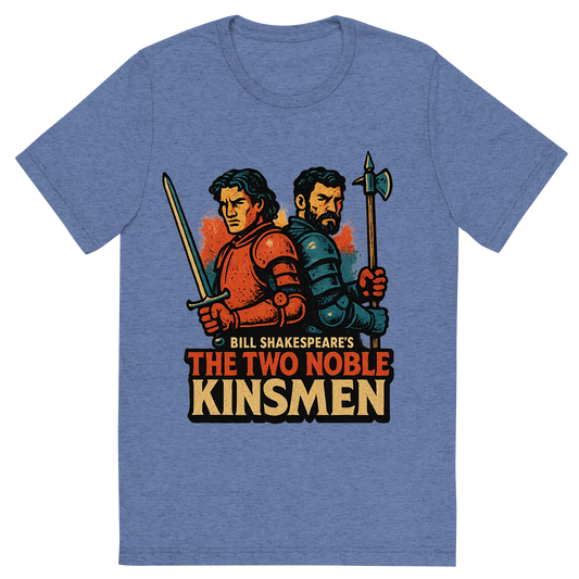 Front view of a Premium Tri-Blend Crew Neck T-Shirt in Blue showing 'A retro, edgy graphic of a visual representation of a key theme and character from william shakespeare's the two noble kinsmen'