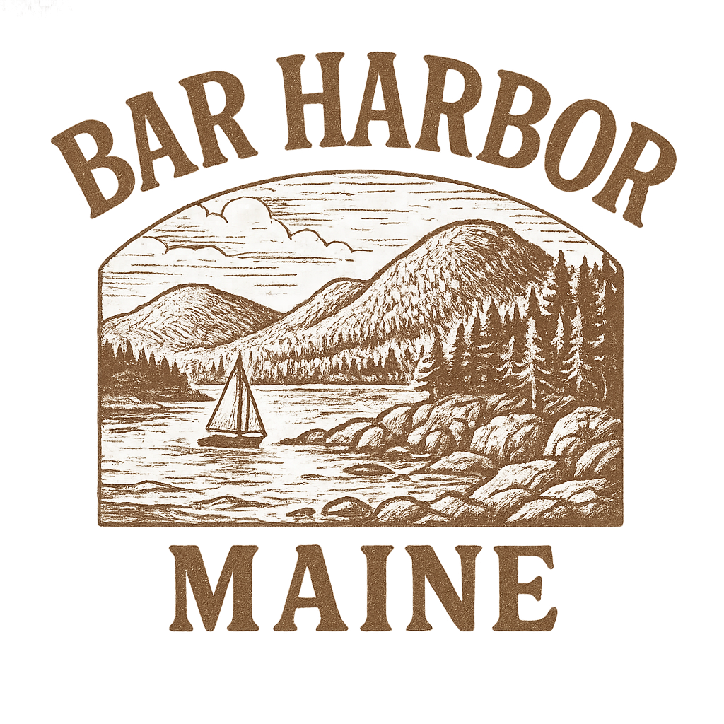 A typographic, nostalgic graphic of a typographic illustration of the words 'bar harbor, maine' with a vintage line art drawing of acadia national park – a t-shirt design