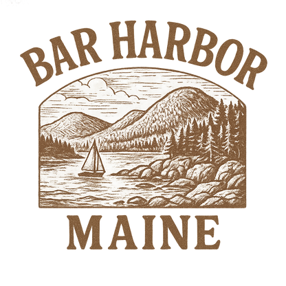 A typographic, nostalgic graphic of a typographic illustration of the words 'bar harbor, maine' with a vintage line art drawing of acadia national park – a t-shirt design
