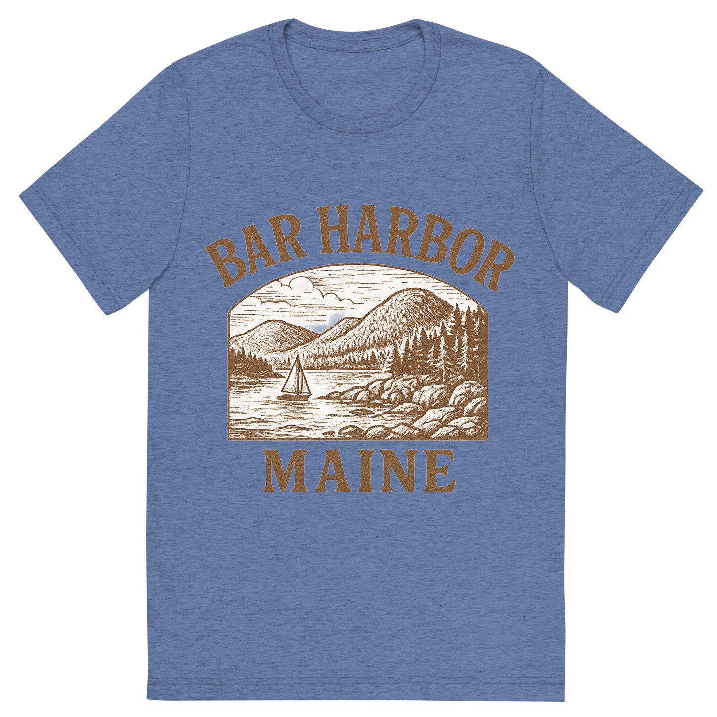 Front view of a Premium Tri-Blend Crew Neck T-Shirt in Blue showing 'A typographic, nostalgic graphic of a typographic illustration of the words 'bar harbor, maine' with a vintage line art drawing of acadia national park'