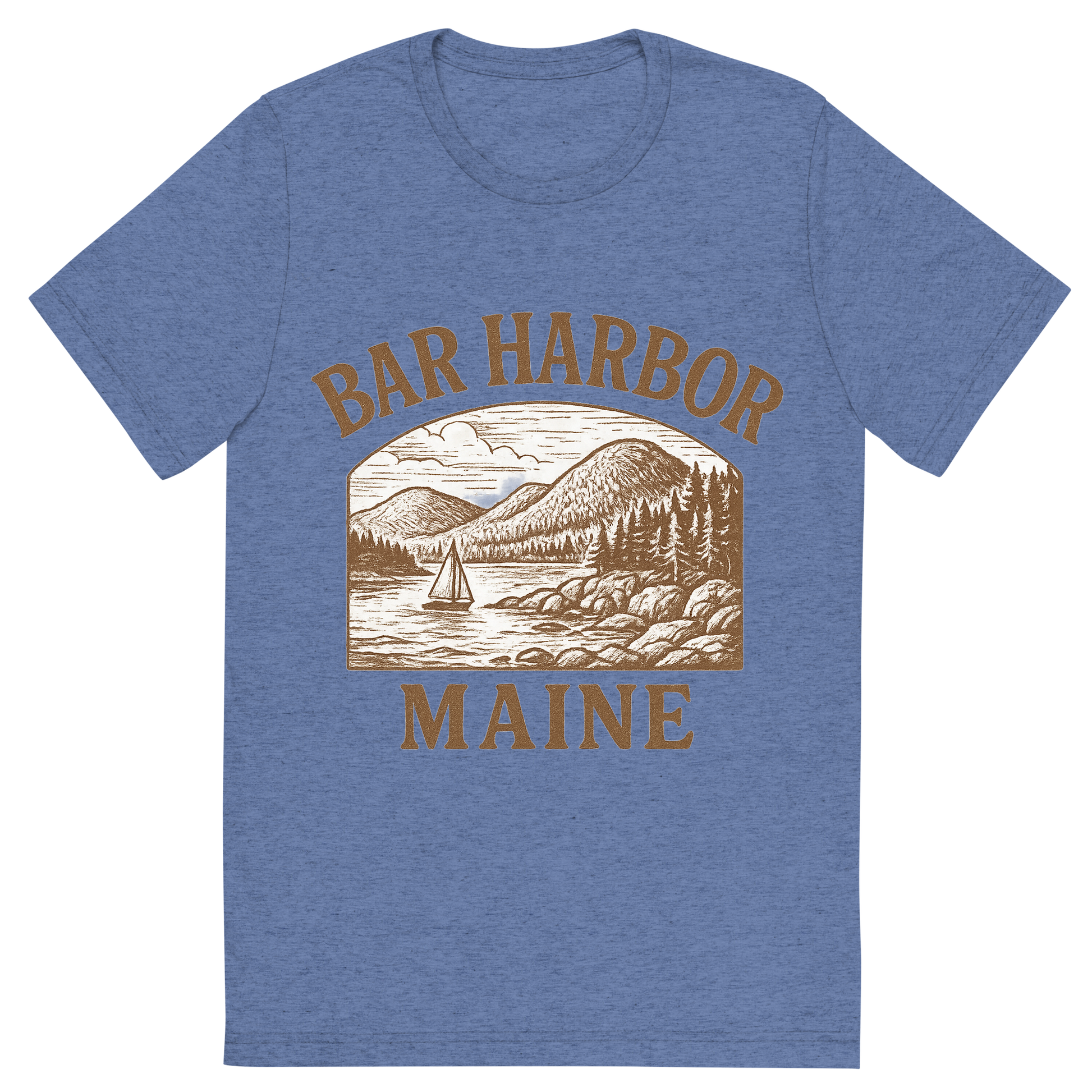Front view of a Premium Tri-Blend Crew Neck T-Shirt in Blue showing 'A typographic, nostalgic graphic of a typographic illustration of the words 'bar harbor, maine' with a vintage line art drawing of acadia national park'