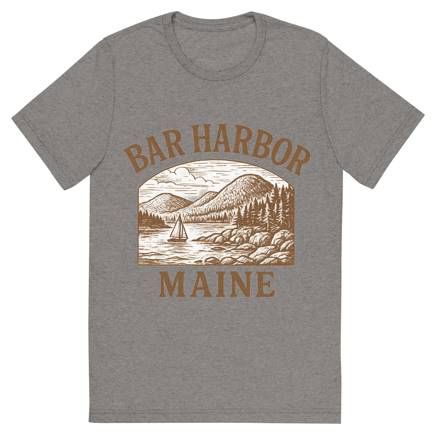 Front view of a Premium Tri-Blend Crew Neck T-Shirt in Grey showing 'A typographic, nostalgic graphic of a typographic illustration of the words 'bar harbor, maine' with a vintage line art drawing of acadia national park'