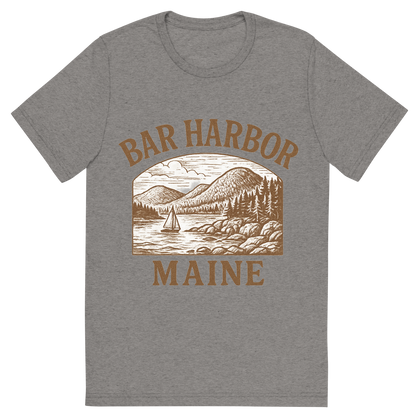 Front view of a Premium Tri-Blend Crew Neck T-Shirt in Grey showing 'A typographic, nostalgic graphic of a typographic illustration of the words 'bar harbor, maine' with a vintage line art drawing of acadia national park'