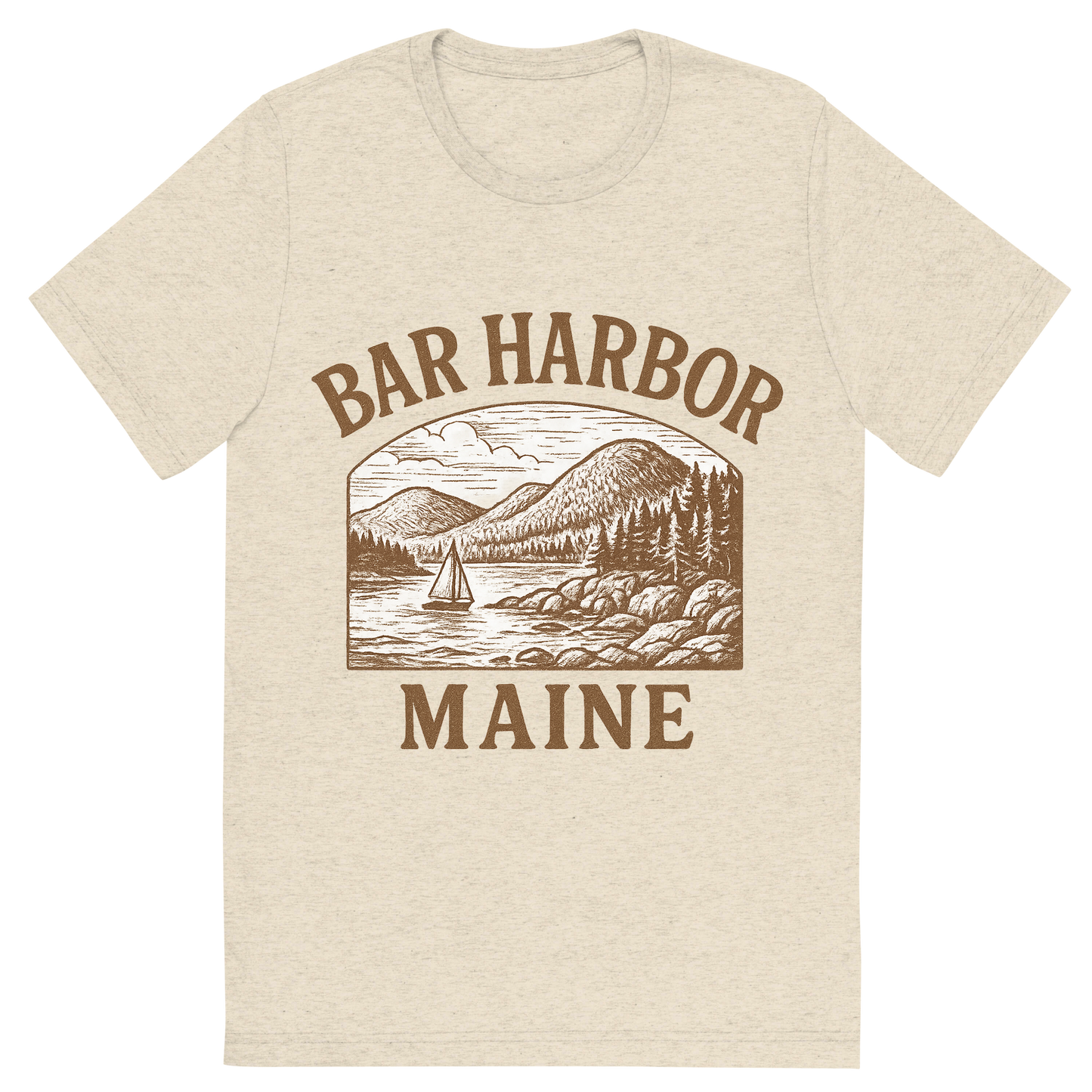 Front view of a Premium Tri-Blend Crew Neck T-Shirt in Oatmeal showing 'A typographic, nostalgic graphic of a typographic illustration of the words 'bar harbor, maine' with a vintage line art drawing of acadia national park'