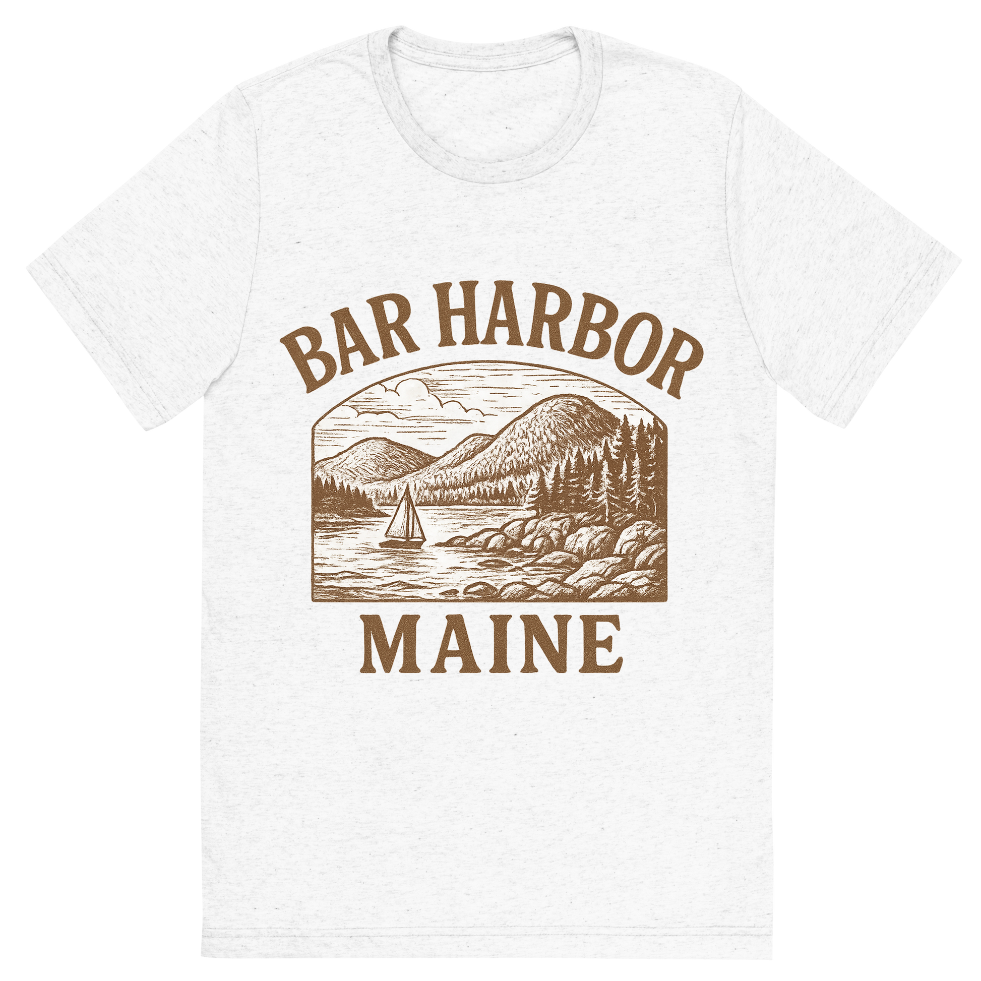 Front view of a Premium Tri-Blend Crew Neck T-Shirt in Solid White showing 'A typographic, nostalgic graphic of a typographic illustration of the words 'bar harbor, maine' with a vintage line art drawing of acadia national park'