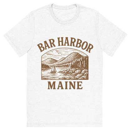 Front view of a Premium Tri-Blend Crew Neck T-Shirt in Solid White showing 'A typographic, nostalgic graphic of a typographic illustration of the words 'bar harbor, maine' with a vintage line art drawing of acadia national park'