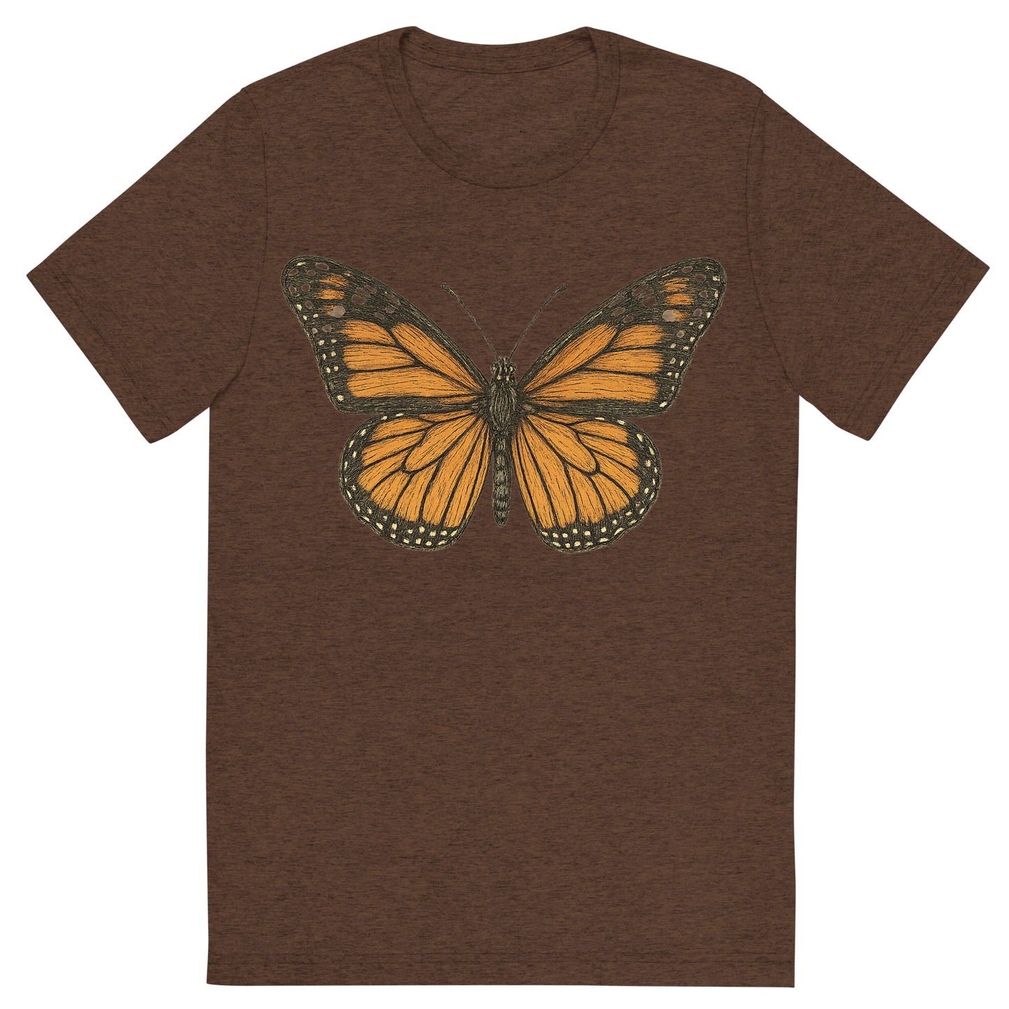 Front view of a Premium Tri-Blend Crew Neck T-Shirt in Brown showing 'A hand-drawn, tranquil graphic of monarch butterfly'