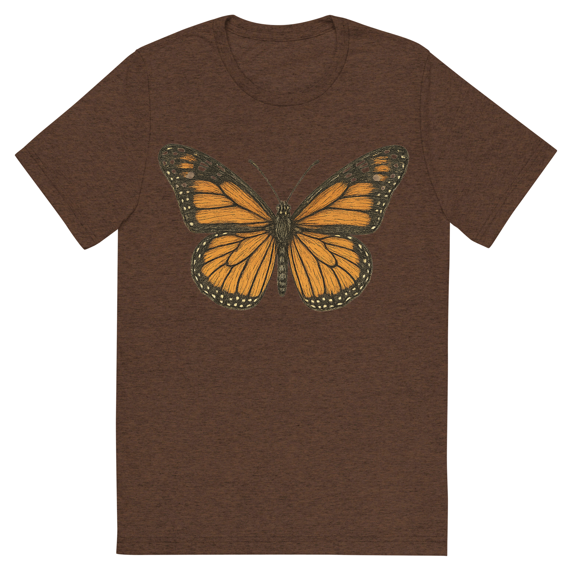 Front view of a Premium Tri-Blend Crew Neck T-Shirt in Brown showing 'A hand-drawn, tranquil graphic of monarch butterfly'