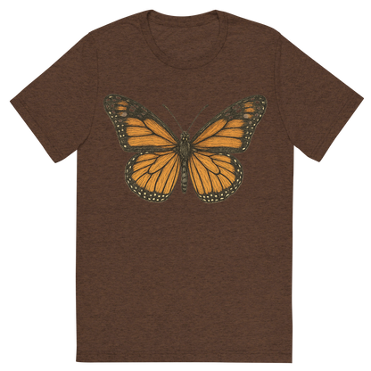 Front view of a Premium Tri-Blend Crew Neck T-Shirt in Brown showing 'A hand-drawn, tranquil graphic of monarch butterfly'