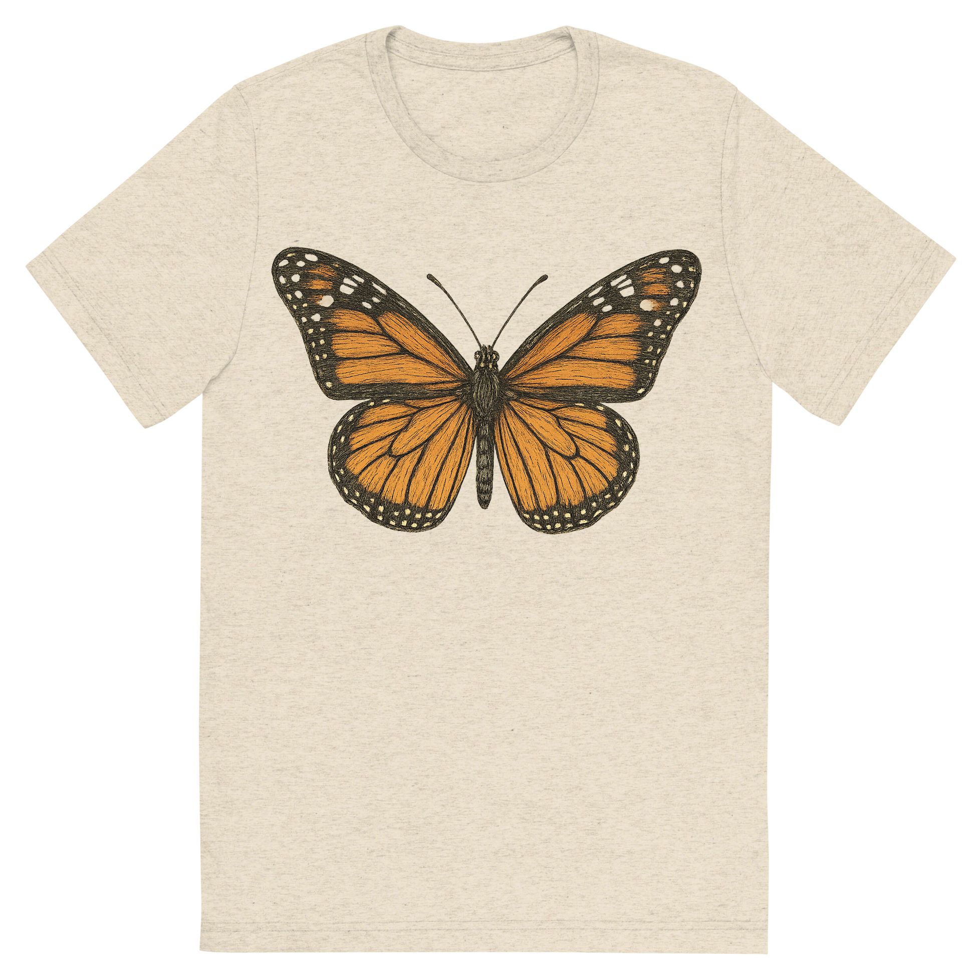 Front view of a Premium Tri-Blend Crew Neck T-Shirt in Oatmeal showing 'A hand-drawn, tranquil graphic of monarch butterfly'