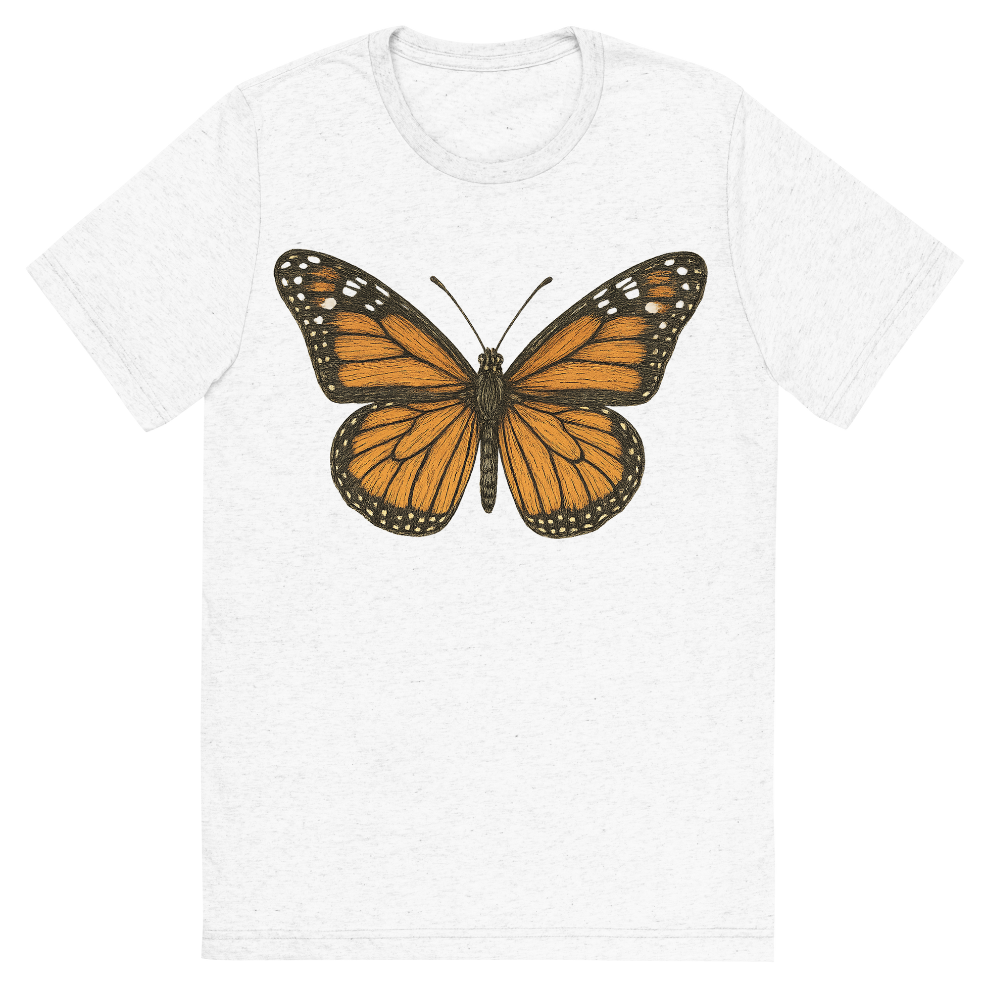 Front view of a Premium Tri-Blend Crew Neck T-Shirt in Solid White showing 'A hand-drawn, tranquil graphic of monarch butterfly'