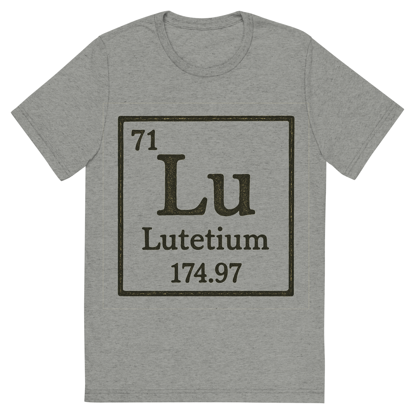Front view of a Premium Tri-Blend Crew Neck T-Shirt in Athletic Grey showing 'A line art, nostalgic graphic of lutetium's entry on the periodic table, use a dark color for the lines and text'
