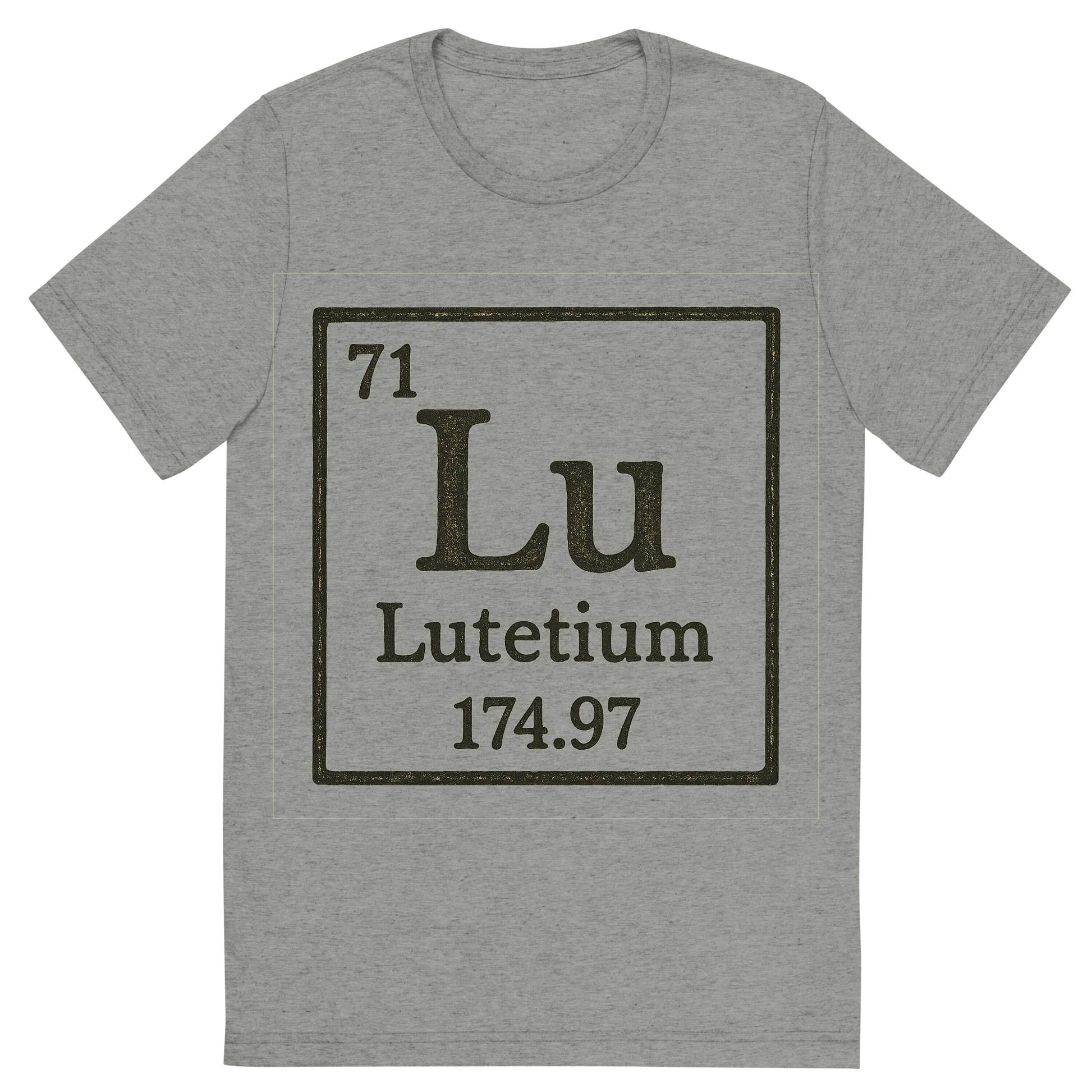 Front view of a Premium Tri-Blend Crew Neck T-Shirt in Athletic Grey showing 'A line art, nostalgic graphic of lutetium's entry on the periodic table, use a dark color for the lines and text'