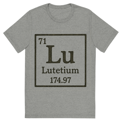 Front view of a Premium Tri-Blend Crew Neck T-Shirt in Athletic Grey showing 'A line art, nostalgic graphic of lutetium's entry on the periodic table, use a dark color for the lines and text'