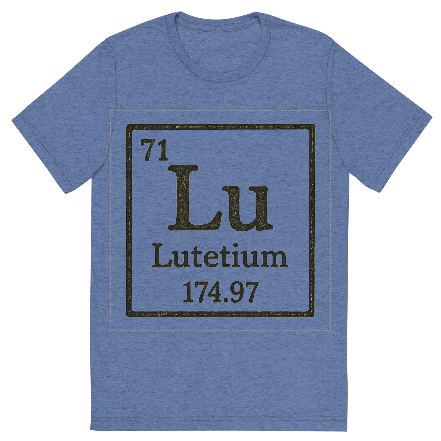 Front view of a Premium Tri-Blend Crew Neck T-Shirt in Blue showing 'A line art, nostalgic graphic of lutetium's entry on the periodic table, use a dark color for the lines and text'
