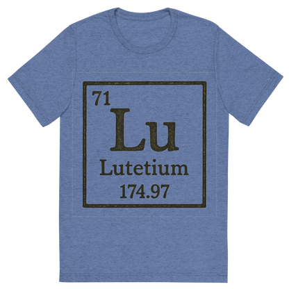 Front view of a Premium Tri-Blend Crew Neck T-Shirt in Blue showing 'A line art, nostalgic graphic of lutetium's entry on the periodic table, use a dark color for the lines and text'