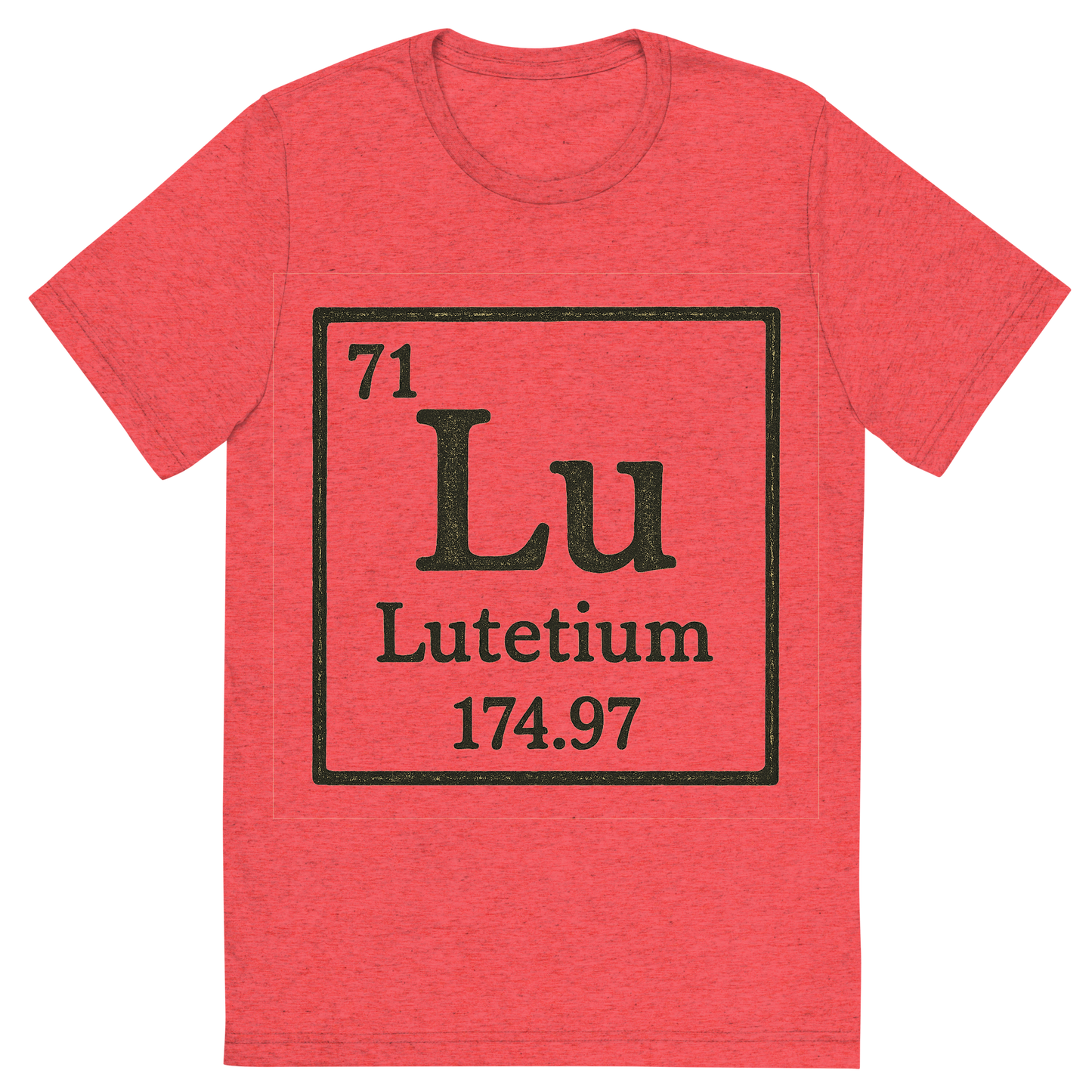 Front view of a Premium Tri-Blend Crew Neck T-Shirt in Red showing 'A line art, nostalgic graphic of lutetium's entry on the periodic table, use a dark color for the lines and text'