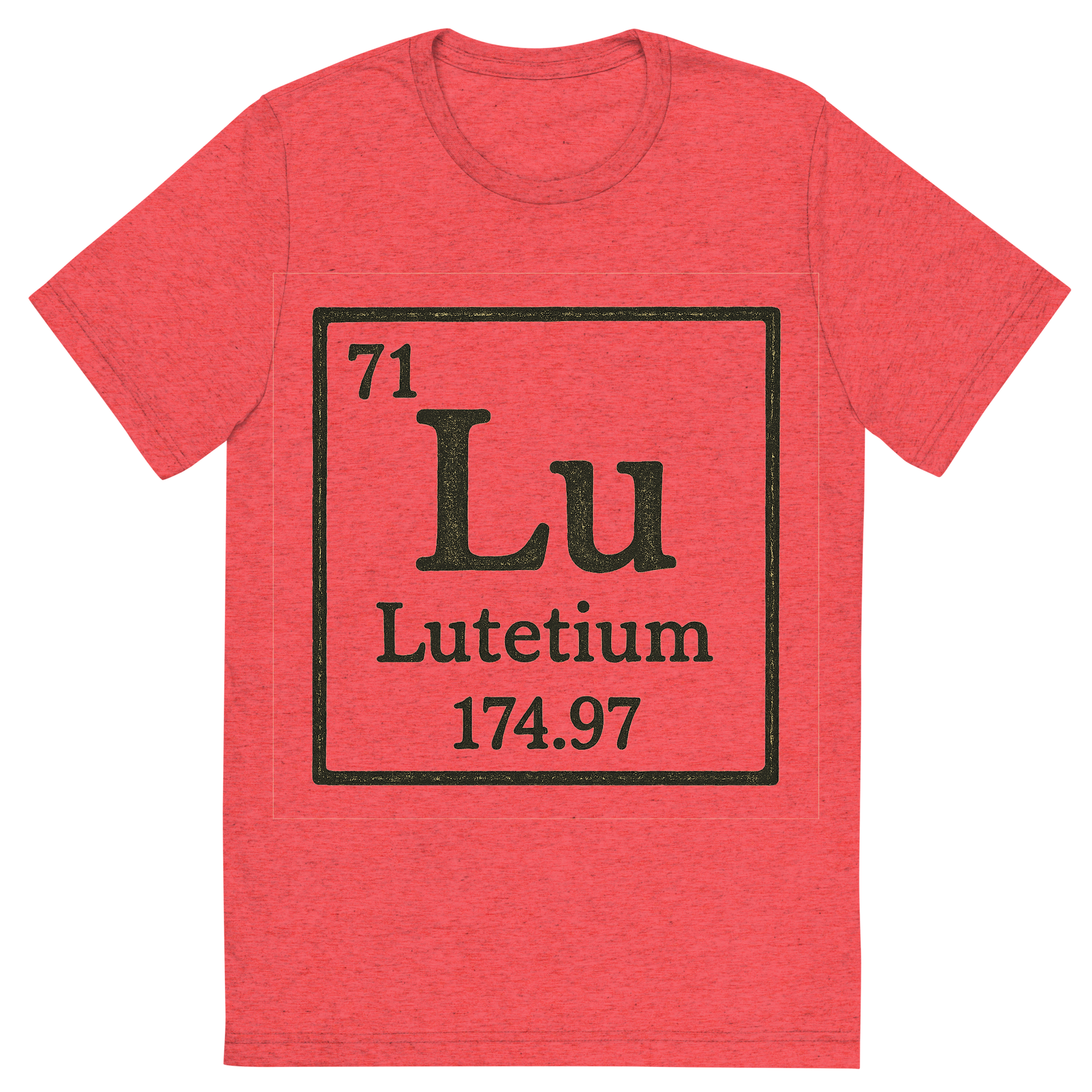Front view of a Premium Tri-Blend Crew Neck T-Shirt in Red showing 'A line art, nostalgic graphic of lutetium's entry on the periodic table, use a dark color for the lines and text'