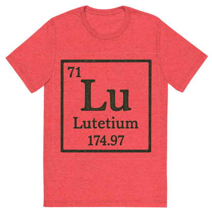 Front view of a Premium Tri-Blend Crew Neck T-Shirt in Red showing 'A line art, nostalgic graphic of lutetium's entry on the periodic table, use a dark color for the lines and text'