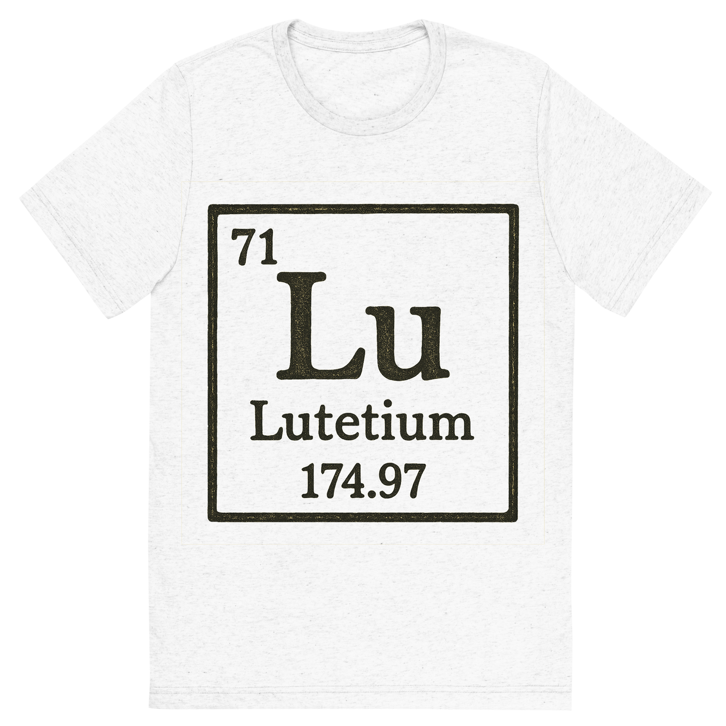 Front view of a Premium Tri-Blend Crew Neck T-Shirt in Solid White showing 'A line art, nostalgic graphic of lutetium's entry on the periodic table, use a dark color for the lines and text'